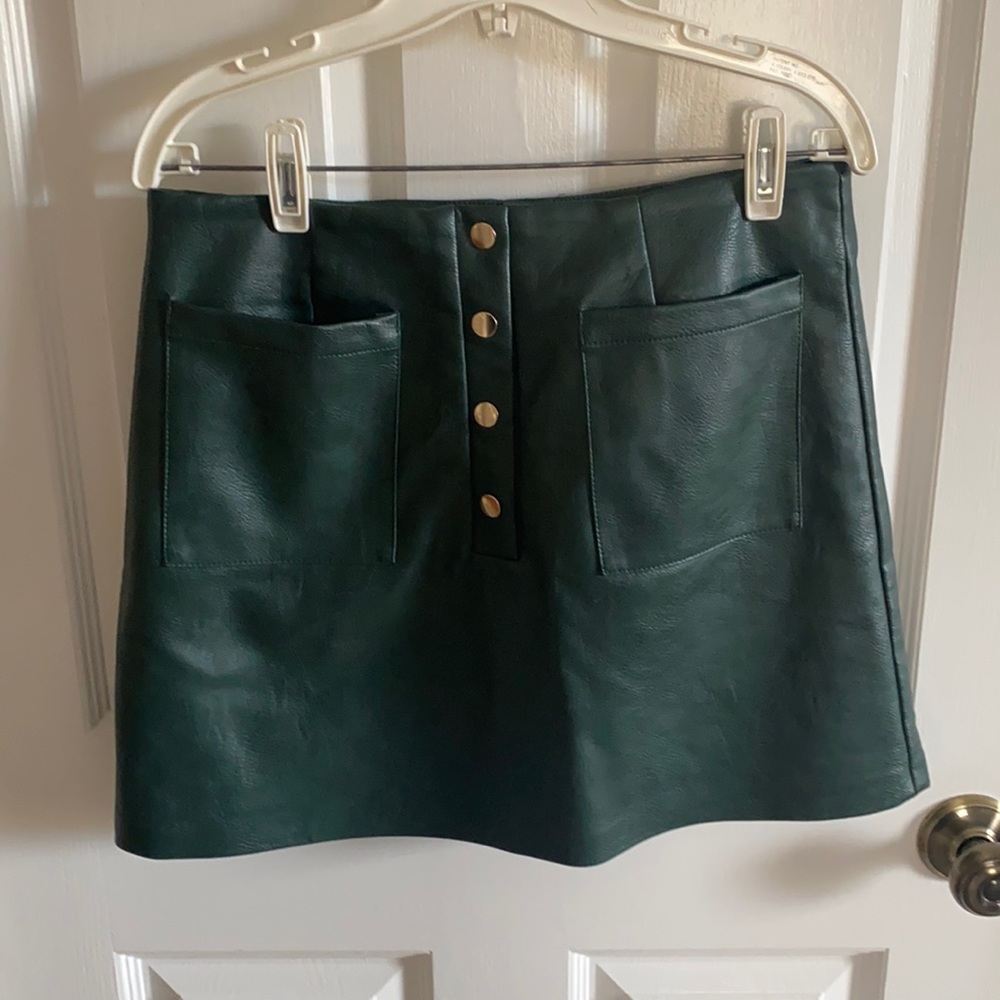 Green Leather Mini Skirt with Gold Buttons